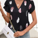 Feather Print V-neck Short-Sleeved All-match Blouse - Image 3
