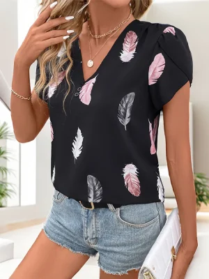 Feather Print V-neck Short-Sleeved All-match Blouse