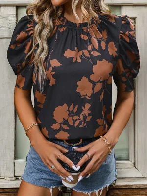 Printed Horseshoe Sleeve Round Neck Shirt