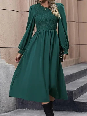 Retro Waistband Solid Color Dress