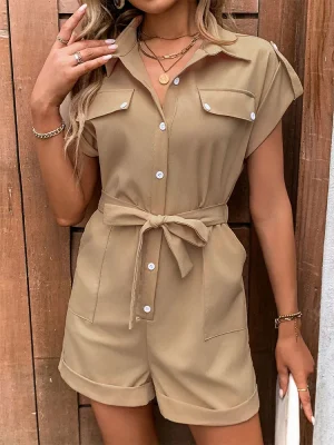 Commute all-in-one rompers with lapel waist button-up