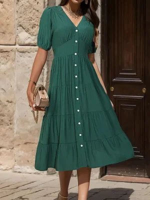 V-neck Calf Short Sleeved Button Pleated Dress