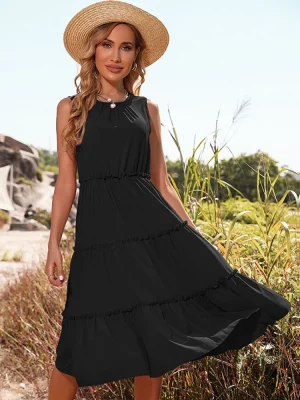 Round Neck High Waist Ruffle Edges Loose Dress