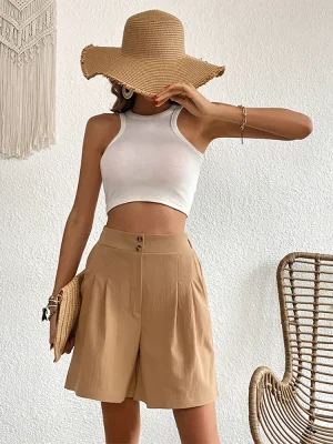 High Waist Button Wide Leg Short Pencil Pants