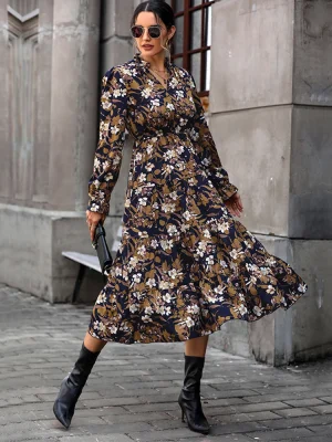 Retro Elegant V Neck Floral Printing Casual Dress