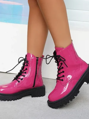 Pink Motorcycle Pu Leather Platform Ankle Boots