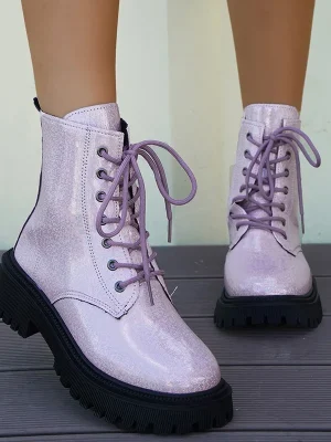 Patent Leather Ankle Thick Bottom Lace Up Boots