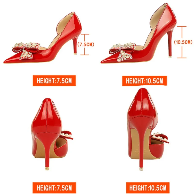 Luxury Bowknot Pearl Rhinestone Patent Leather High Heels - Image 2