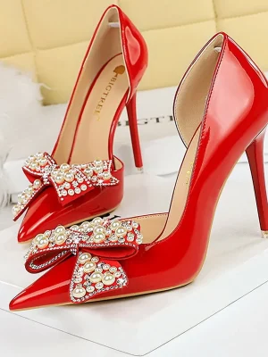 Luxury Bowknot Pearl Rhinestone Patent Leather High Heels