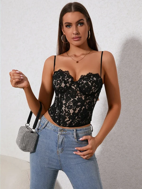 Mujer Lace Floral Solid Spaghetti Strap Top - Image 3