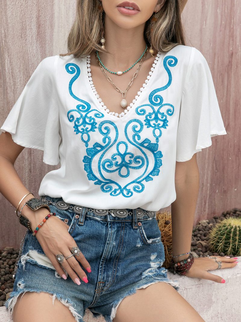 Bohemian Beach Casual Embroidered Front Strap Women's Top - Image 3