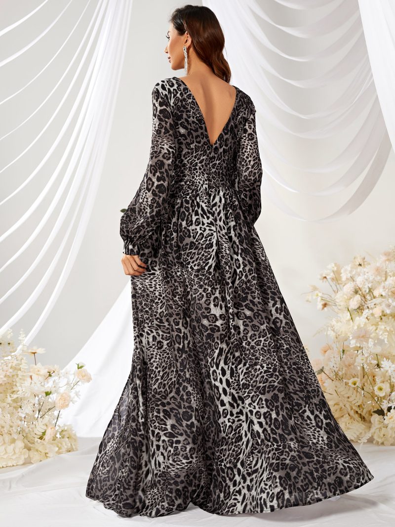 Chic Leopard Print V-Neck Chiffon Dress: Long Sleeve with Slit - Image 2