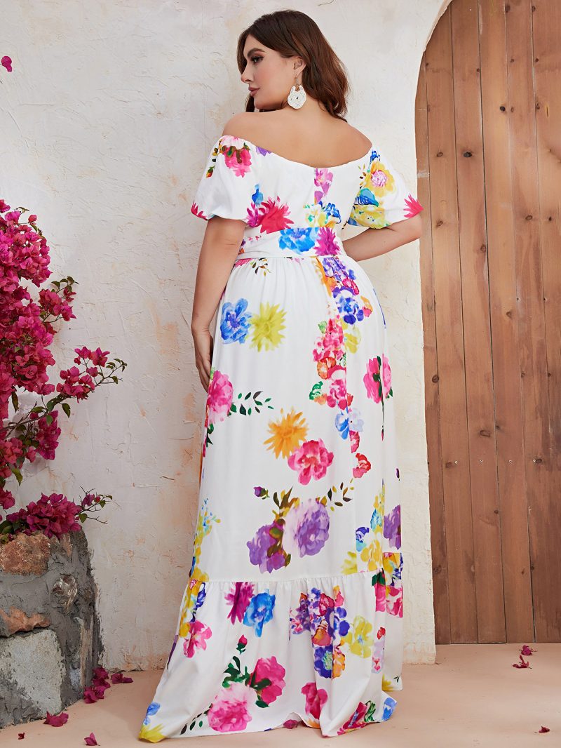 Plus Size Off-Shoulder Short Sleeve Dress: Long Lace-Up Dress with Large Print - Image 2