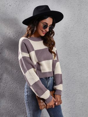 Chessboard Plaid Drop-Shoulder Knit Sweater