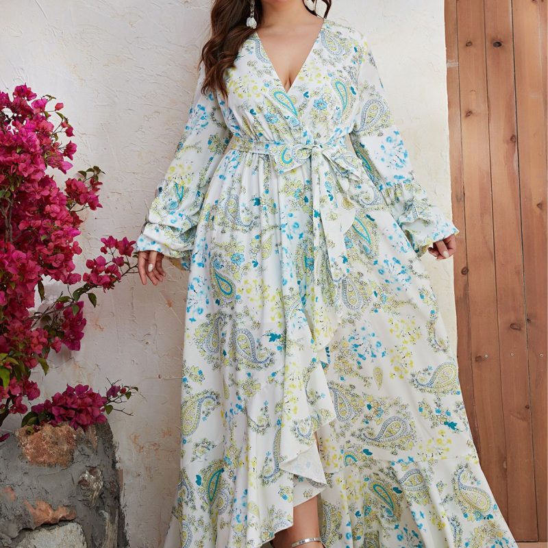 Plus Size Chiffon V-Neck Long Sleeve Maxi Dress: Split Print Casual Maxi Dress for Women - Image 4