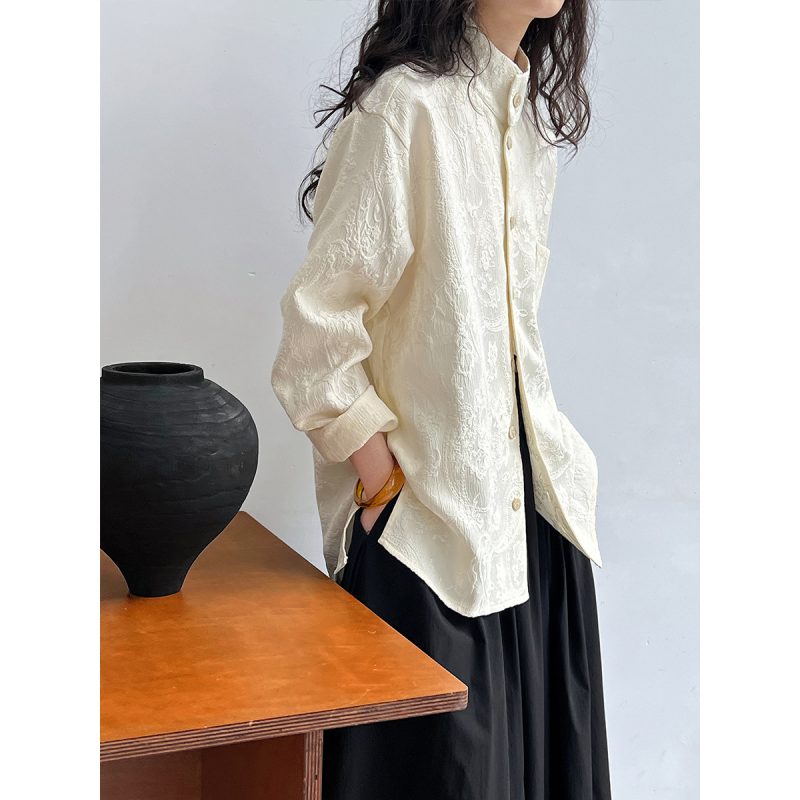 Retro Chinese National Shirt: Autumn Texture Jacquard Stand Collar, Tong Qin Top