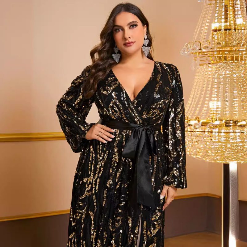 Plus Size Sequined Cross V-Neck Long Sleeve Prom Party Dress with Belt for Women - Image 4