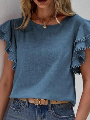 Solid Color Double Layer Ruffled Short Sleeve Top with Round Neck
