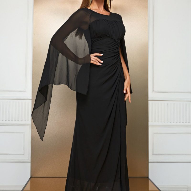 Irregular Asymmetric Sleeve Chiffon Maxi Dress: Long Sleeve Split Dress - Image 5