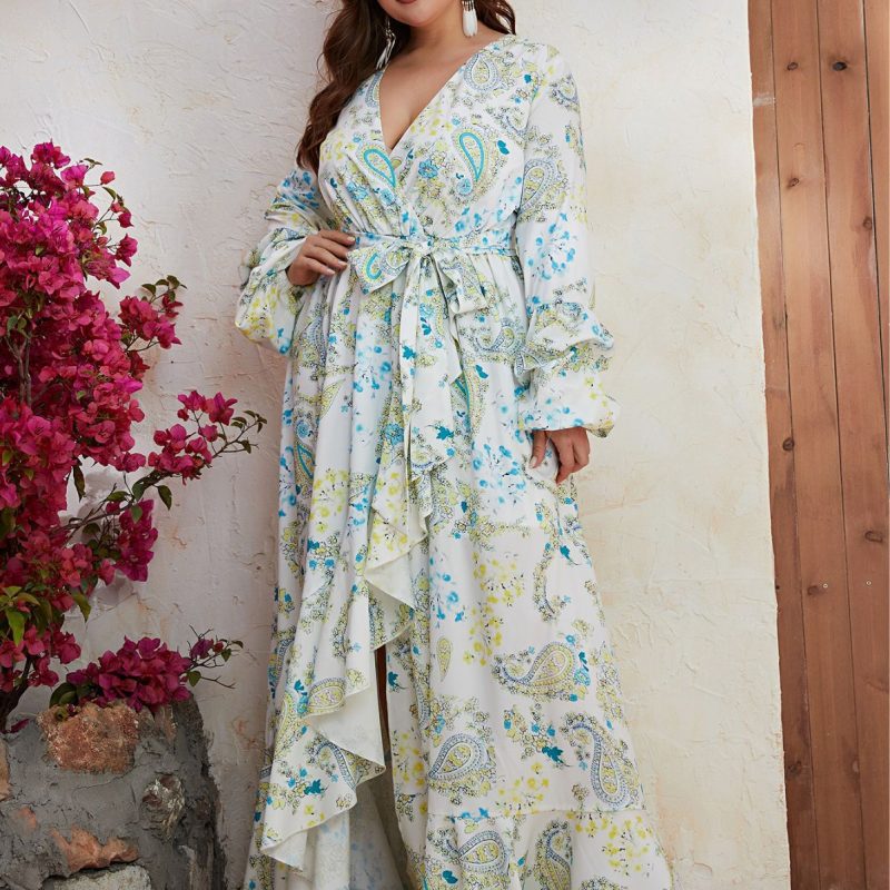 Plus Size Chiffon V-Neck Long Sleeve Maxi Dress: Split Print Casual Maxi Dress for Women - Image 3
