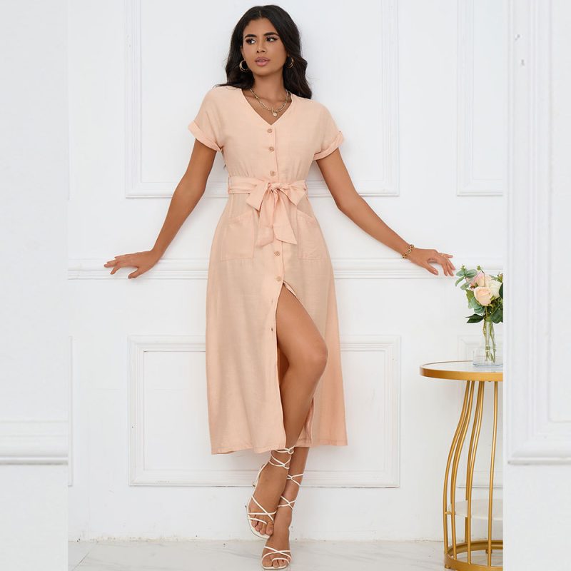 Solid Color Maxi Dress with Pocket, Short Sleeve, V-Neck, Single-Breasted