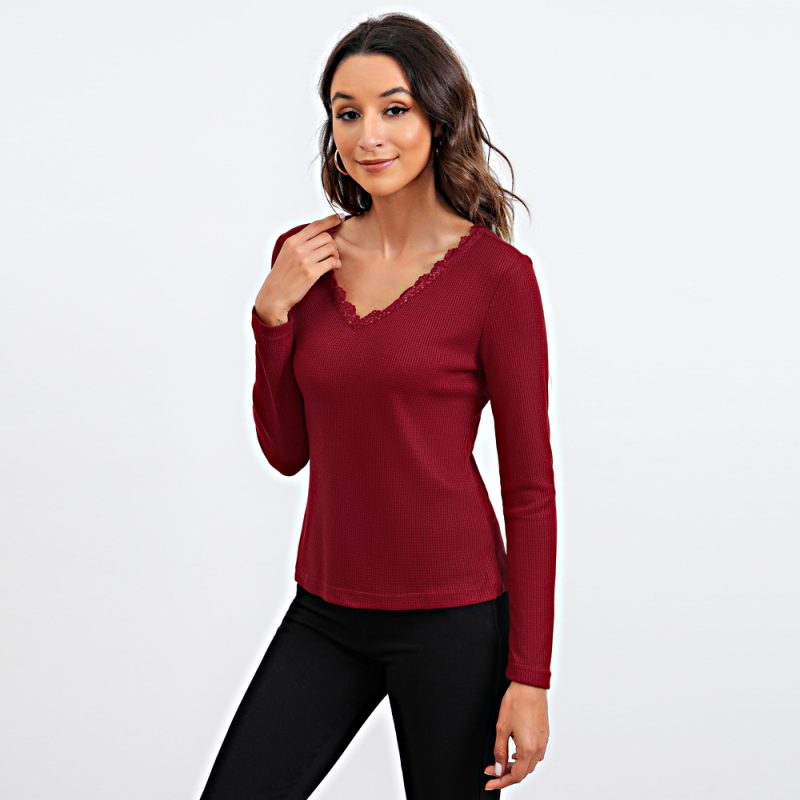 Spring Slim Fit V-Neck Long Sleeve Undershirt: Women's Clothing - Image 4