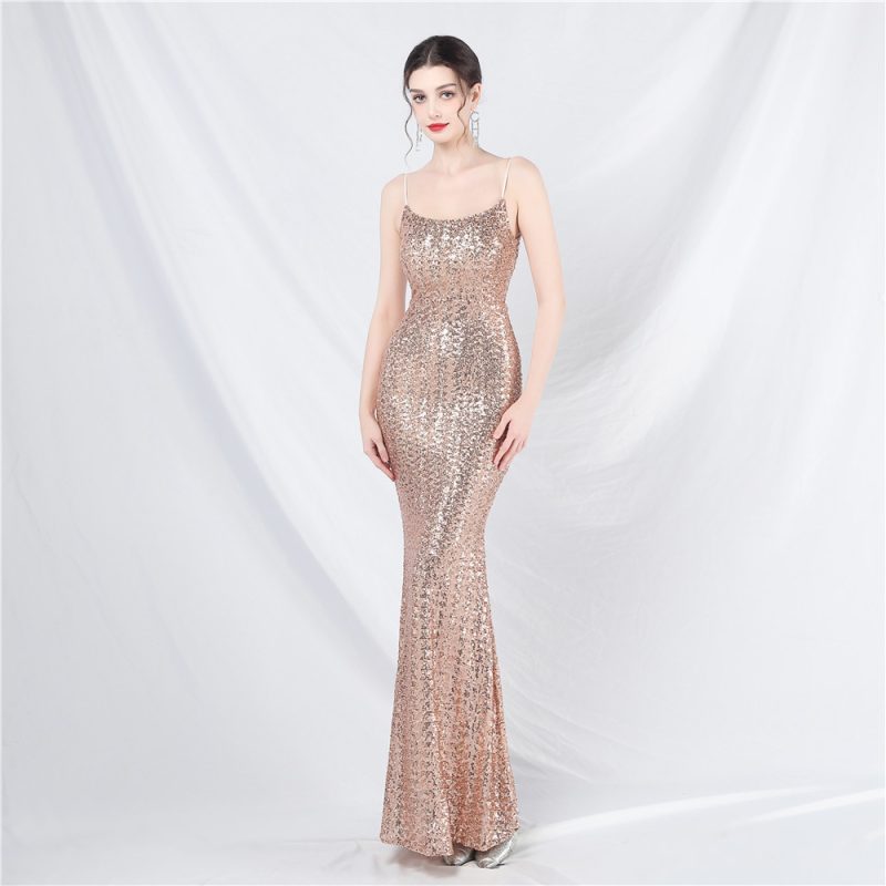 Women Colorful Sequin Suspender Evening Dress - Image 3