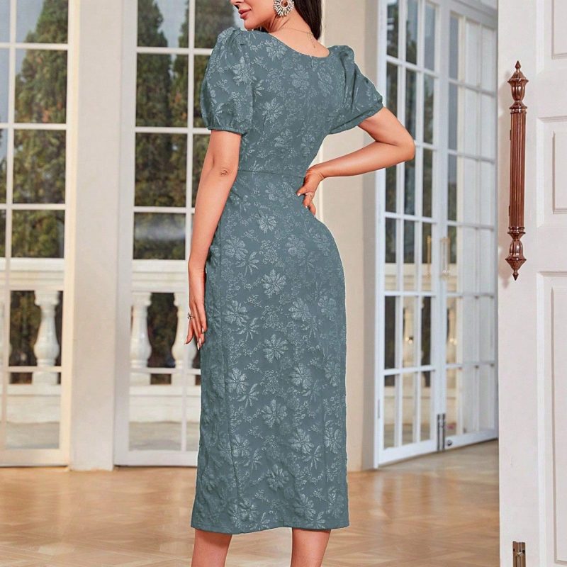 U Neck Puff Sleeve Printed French Dress - Image 2