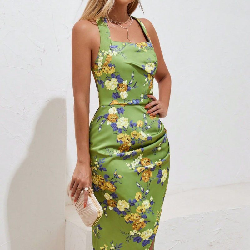 Spring Floral Halterneck Slit Dress with Suspenders - Image 4