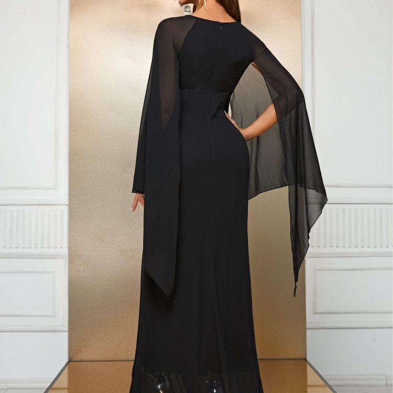 Irregular Asymmetric Sleeve Chiffon Maxi Dress: Long Sleeve Split Dress - Image 2