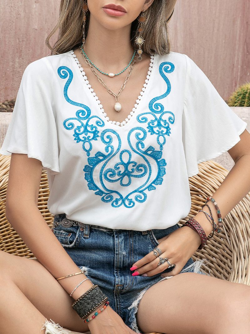 Bohemian Beach Casual Embroidered Front Strap Women's Top