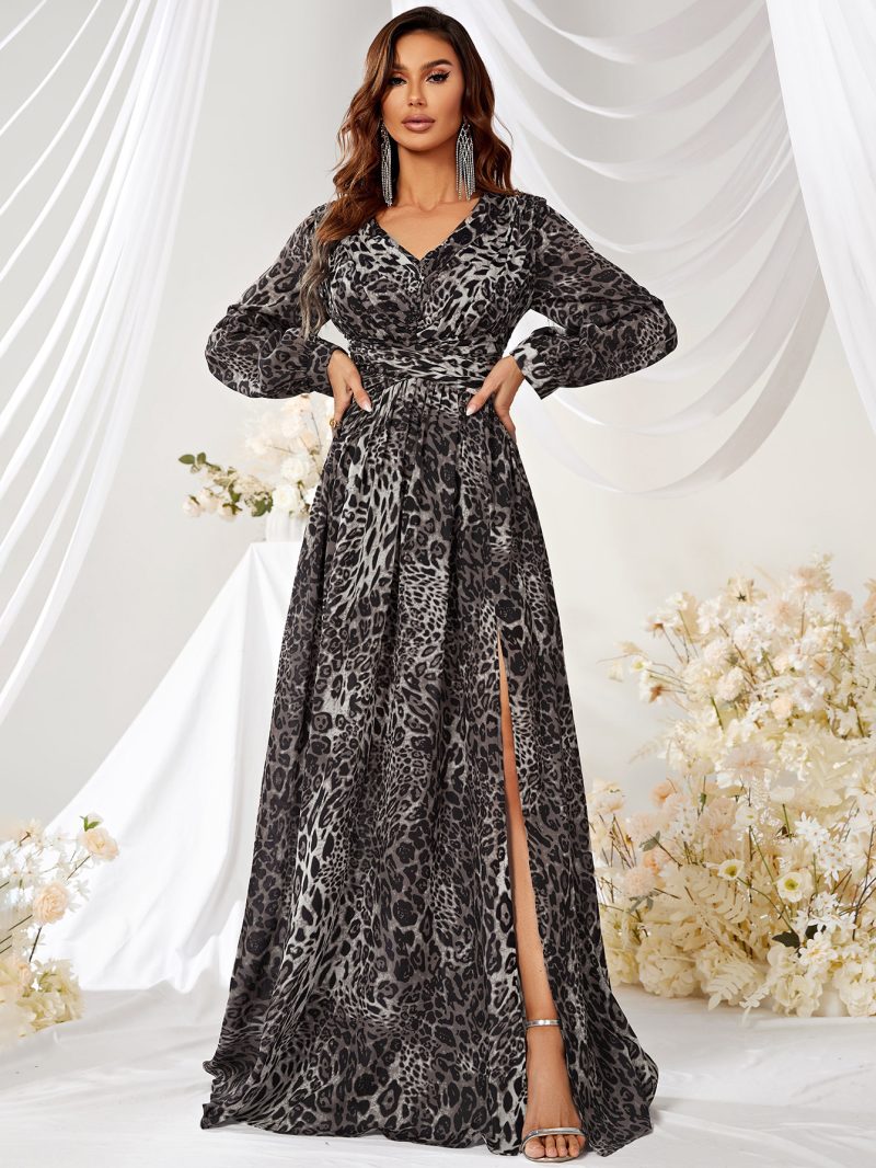 Chic Leopard Print V-Neck Chiffon Dress: Long Sleeve with Slit - Image 4