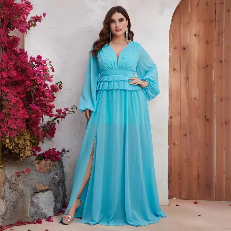 Chiffon V-Neck Long Sleeve Slimming Dress: Plus Size Spring/Summer Dress - Image 2