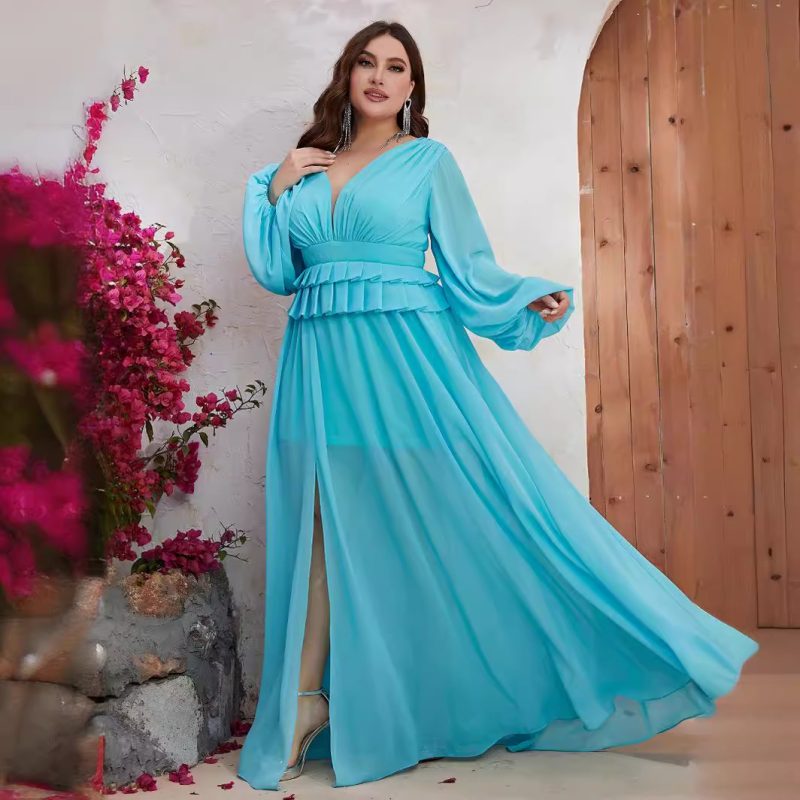 Chiffon V-Neck Long Sleeve Slimming Dress: Plus Size Spring/Summer Dress - Image 5
