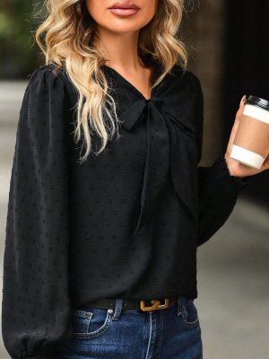 Pure Black White V-Neck Bow Pullover Shirt