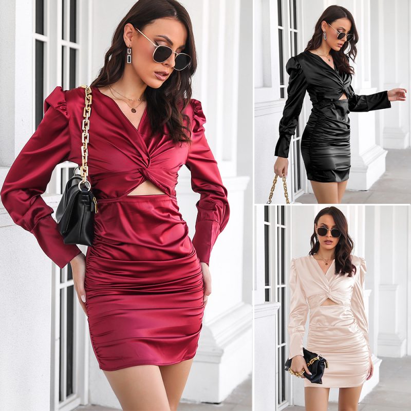 Popular Satin Twisted Bubble Sleeve Dress - Image 2