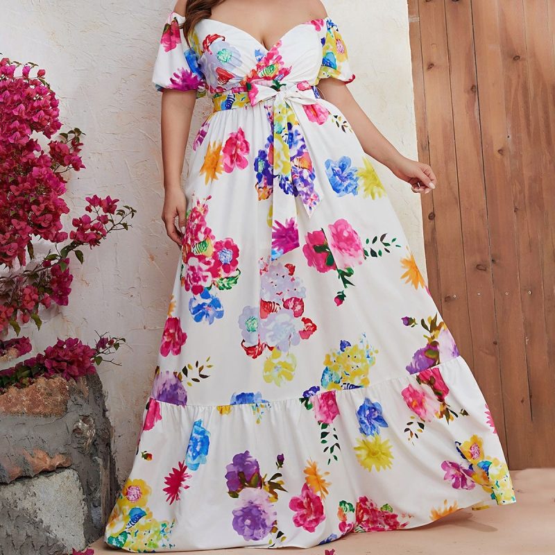 Plus Size Off-Shoulder Short Sleeve Dress: Long Lace-Up Dress with Large Print