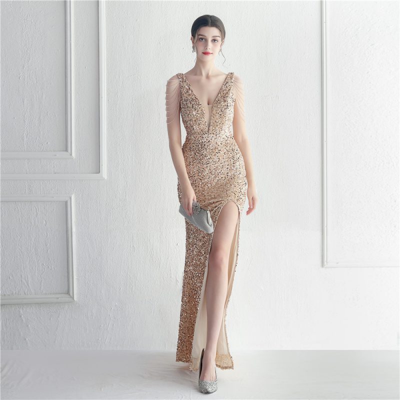 Velvet Bottom Sequin Handmade Beaded Sleeveless V Neck Long Evening Dress - Image 4
