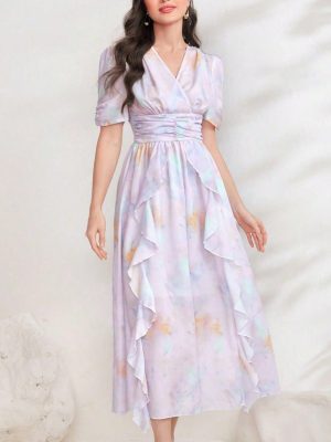 Digital Floral Printed V-Neck Short Sleeve Dress