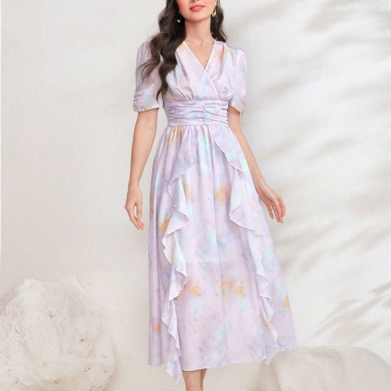 Digital Floral Printed V-Neck Short Sleeve Dress
