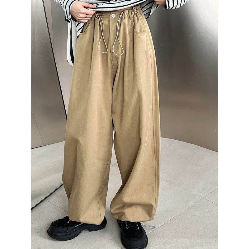 Retro Tencel Cotton Drawstring Elastic Waist Loose Cargo Pants - Image 2