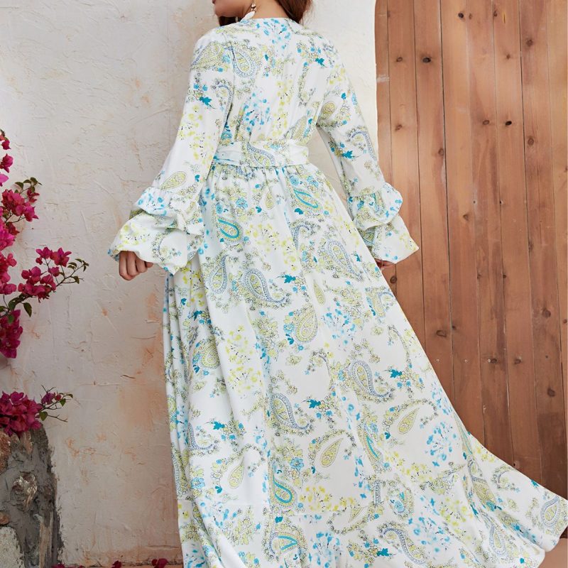 Plus Size Chiffon V-Neck Long Sleeve Maxi Dress: Split Print Casual Maxi Dress for Women - Image 2