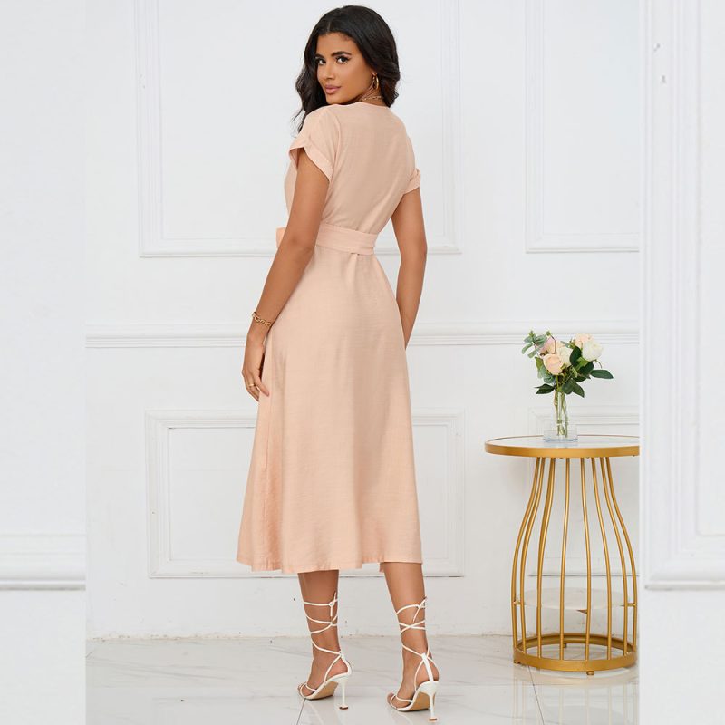 Solid Color Maxi Dress with Pocket, Short Sleeve, V-Neck, Single-Breasted - Image 4