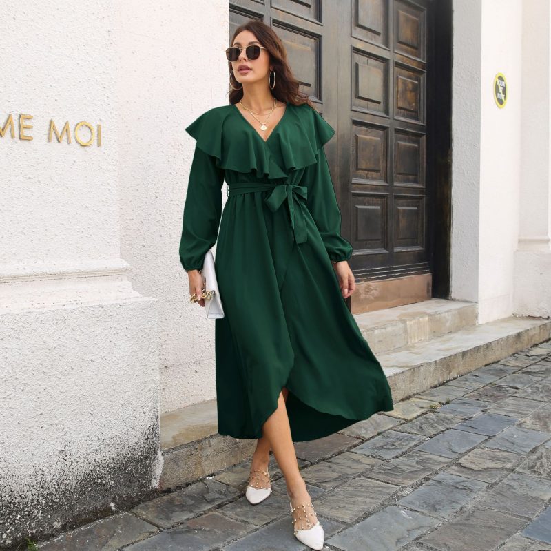 "Ruffled V-Neck Long Sleeve Maxi Dress