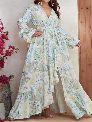 Plus Size Chiffon V-Neck Long Sleeve Maxi Dress: Split Print Casual Maxi Dress for Women