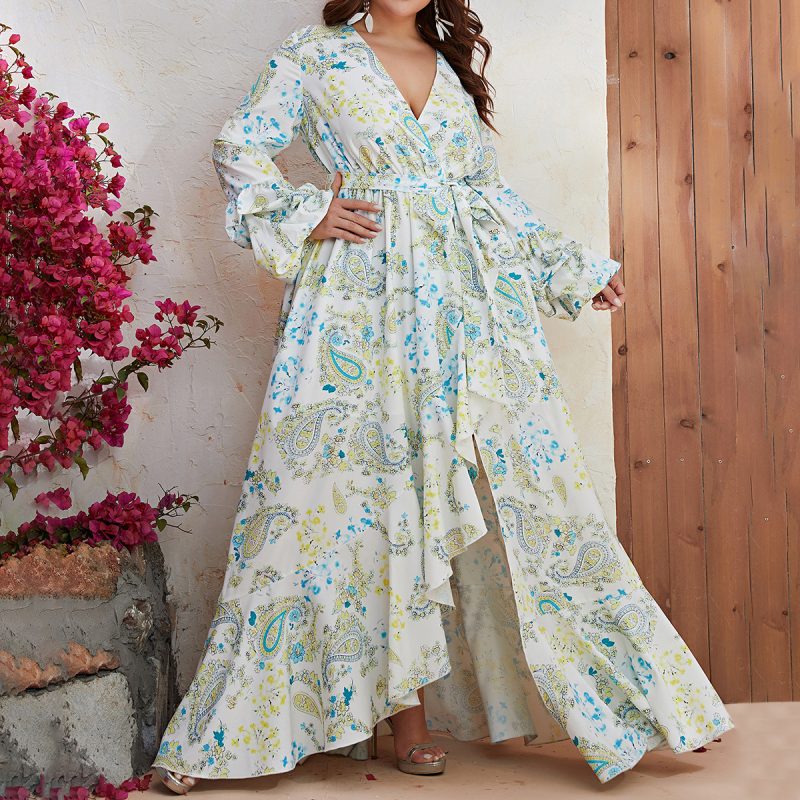 Plus Size Chiffon V-Neck Long Sleeve Maxi Dress: Split Print Casual Maxi Dress for Women
