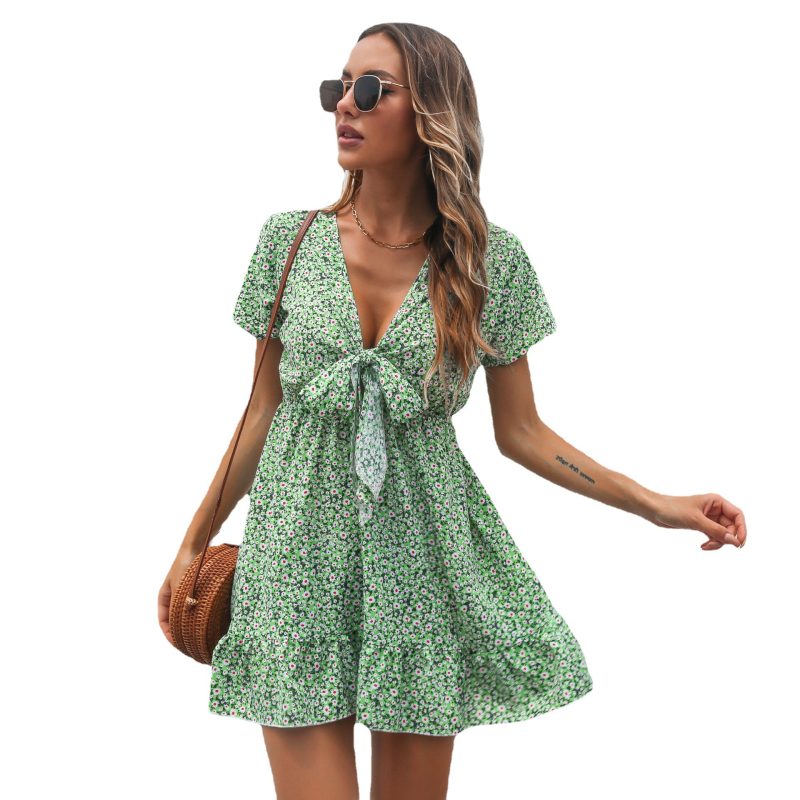 Floral Ruffle Chiffon Dress, Deep V-neck - Image 4