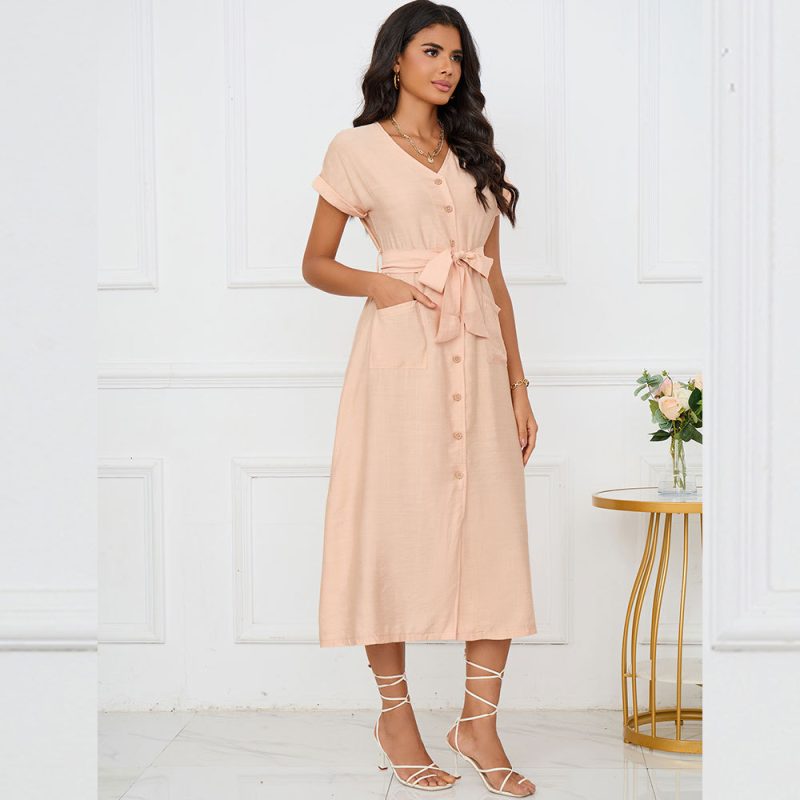 Solid Color Maxi Dress with Pocket, Short Sleeve, V-Neck, Single-Breasted - Image 3