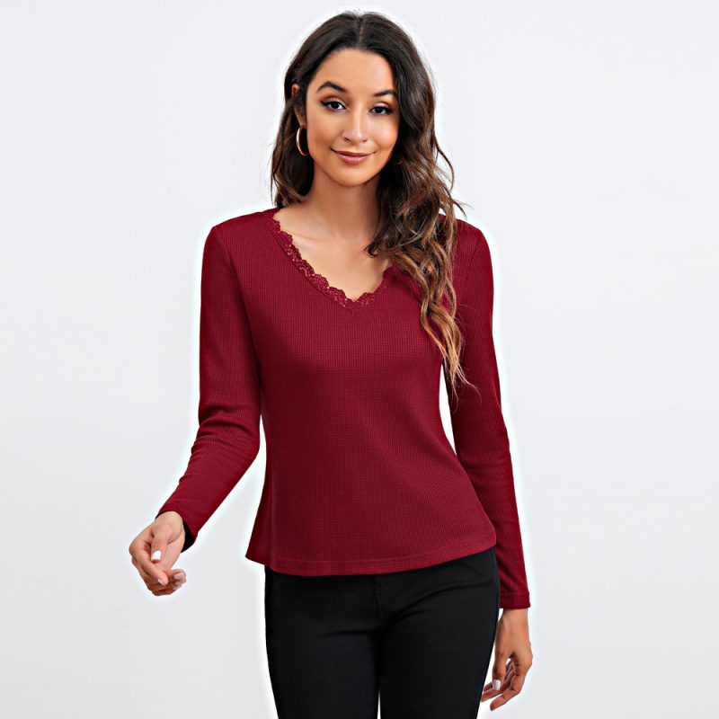 Spring Slim Fit V-Neck Long Sleeve Undershirt: Women's Clothing - Image 2