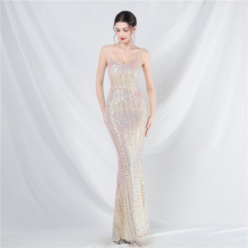 Women Colorful Sequin Suspender Evening Dress - Image 4